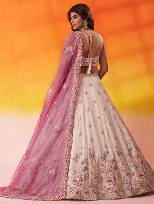 Beige tissue fabric sequins and thread embroidery semi-stitched lehenga set with blouse and PINK dupatta 3