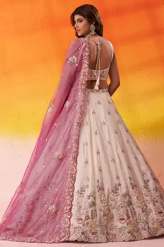 Beige tissue fabric sequins and thread embroidery semi-stitched lehenga set with blouse and PINK dupatta