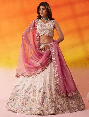 Beige tissue fabric sequins and thread embroidery semi-stitched lehenga set with blouse and PINK dupatta 4