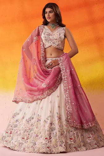 Beige tissue fabric sequins and thread embroidery semi-stitched lehenga set with blouse and PINK dupatta