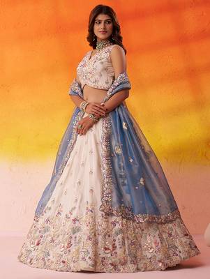 Beige Tissue Fabric Sequins AND Thread Embroidery Semi-Stitched Lehenga SET WITH Blouse AND Dupatta 1