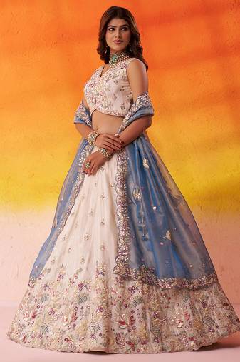 Beige Tissue Fabric Sequins AND Thread Embroidery Semi-Stitched Lehenga SET WITH Blouse AND Dupatta