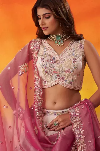 Beige tissue fabric sequins and thread embroidery semi-stitched lehenga set with blouse and PINK dupatta