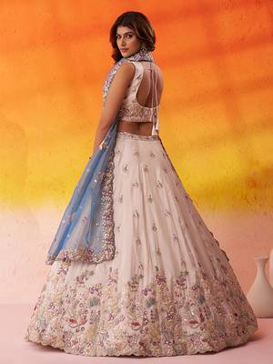 Beige Tissue Fabric Sequins AND Thread Embroidery Semi-Stitched Lehenga SET WITH Blouse AND Dupatta 3