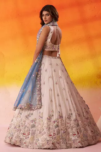 Beige Tissue Fabric Sequins AND Thread Embroidery Semi-Stitched Lehenga SET WITH Blouse AND Dupatta