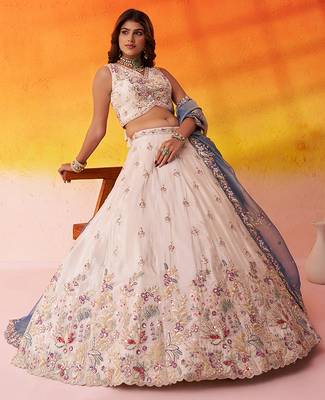 Beige Tissue Fabric Sequins AND Thread Embroidery Semi-Stitched Lehenga SET WITH Blouse AND Dupatta 4