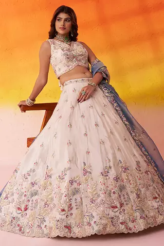 Beige Tissue Fabric Sequins AND Thread Embroidery Semi-Stitched Lehenga SET WITH Blouse AND Dupatta