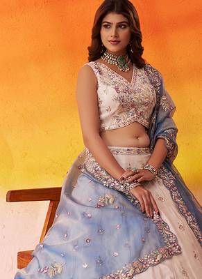 Beige Tissue Fabric Sequins AND Thread Embroidery Semi-Stitched Lehenga SET WITH Blouse AND Dupatta 5