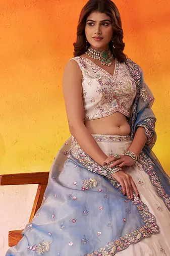 Beige Tissue Fabric Sequins AND Thread Embroidery Semi-Stitched Lehenga SET WITH Blouse AND Dupatta