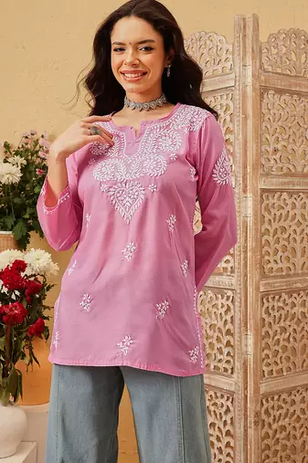 hand embroidered pink cotton lucknowi chikankari kurti