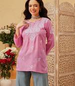 hand embroidered pink cotton lucknowi chikankari kurti