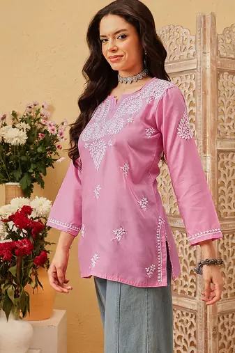 hand embroidered pink cotton lucknowi chikankari kurti