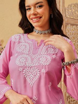 hand embroidered pink cotton lucknowi chikankari kurti 4
