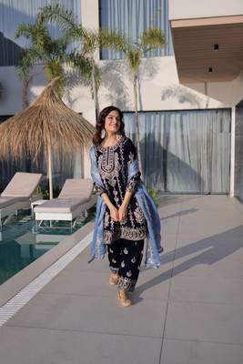 Blue Velvet Embroidered salwar suit with dupatta 1