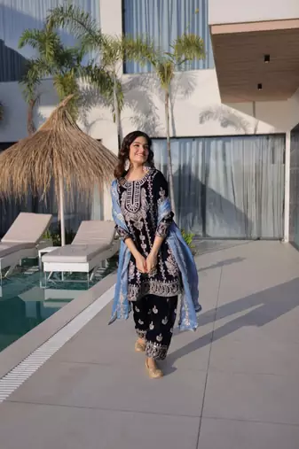 Blue Velvet Embroidered salwar suit with dupatta