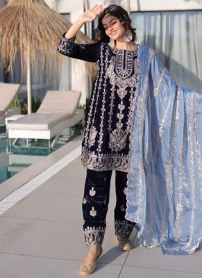 Blue Velvet Embroidered salwar suit with dupatta 4
