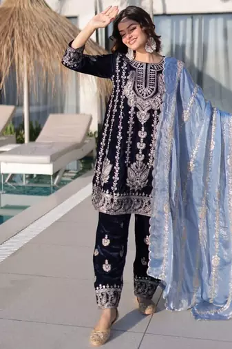 Blue Velvet Embroidered salwar suit with dupatta