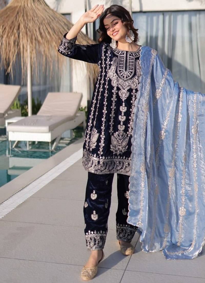 Blue Velvet Embroidered salwar suit with dupatta