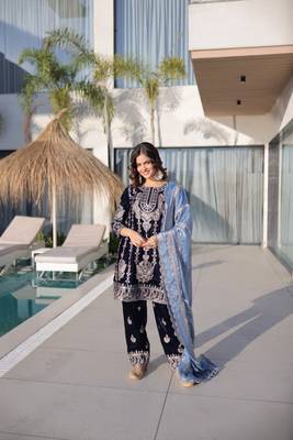 Blue Velvet Embroidered salwar suit with dupatta 5
