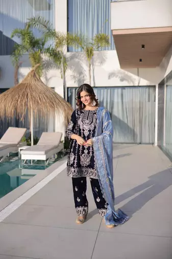 Blue Velvet Embroidered salwar suit with dupatta