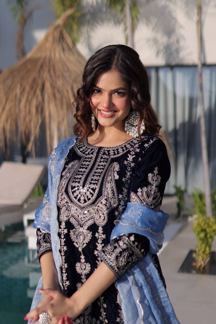 Blue Velvet Embroidered salwar suit with dupatta