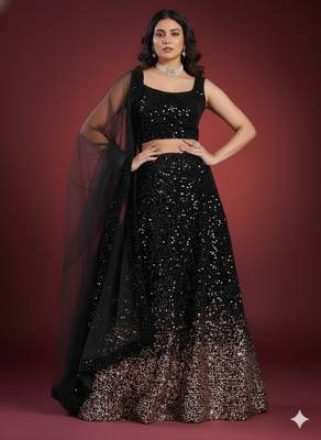 black sequin work velvet wedding lehenga set choli with dupatta 1