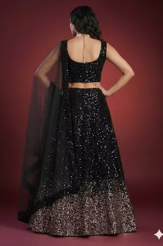 black sequin work velvet wedding lehenga set choli with dupatta