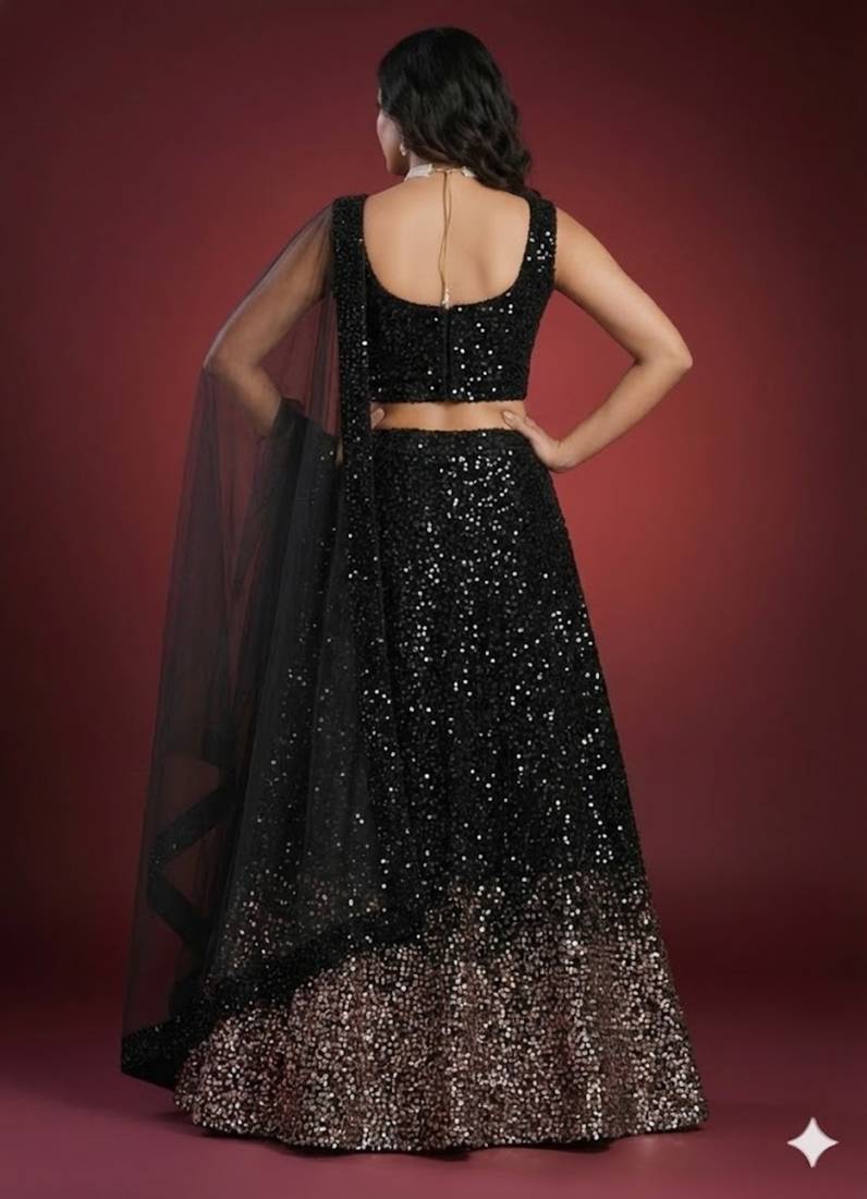 black sequin work velvet wedding lehenga set choli with dupatta