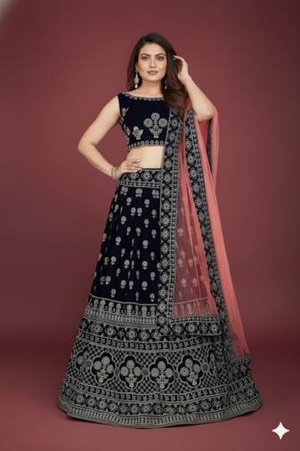 Velvet Navy Blue Zari Embroidered Bridal Lehenga Choli