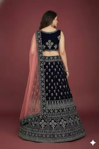 Velvet Navy Blue Zari Embroidered Bridal Lehenga Choli