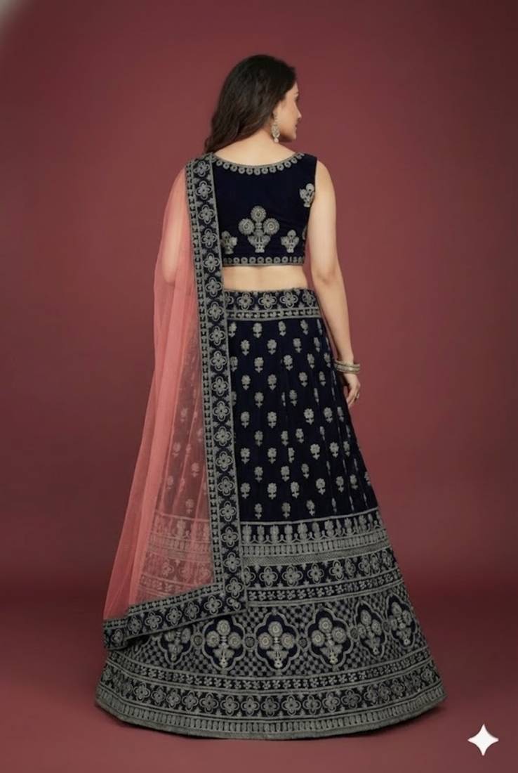Velvet Navy Blue Zari Embroidered Bridal Lehenga Choli
