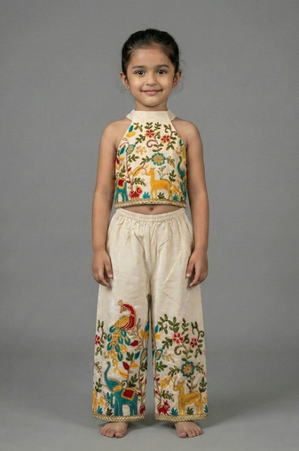 Off white embroidered halter top palazzo co-ord set for kids