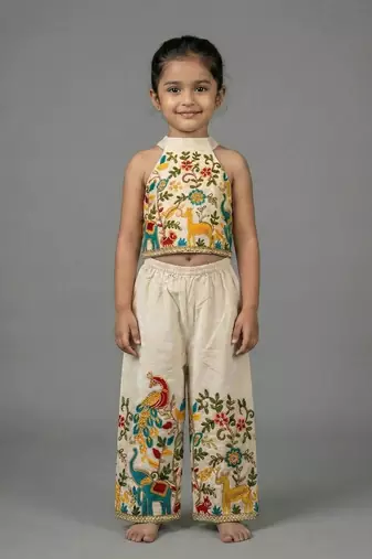 Off white embroidered halter top palazzo co-ord set for kids