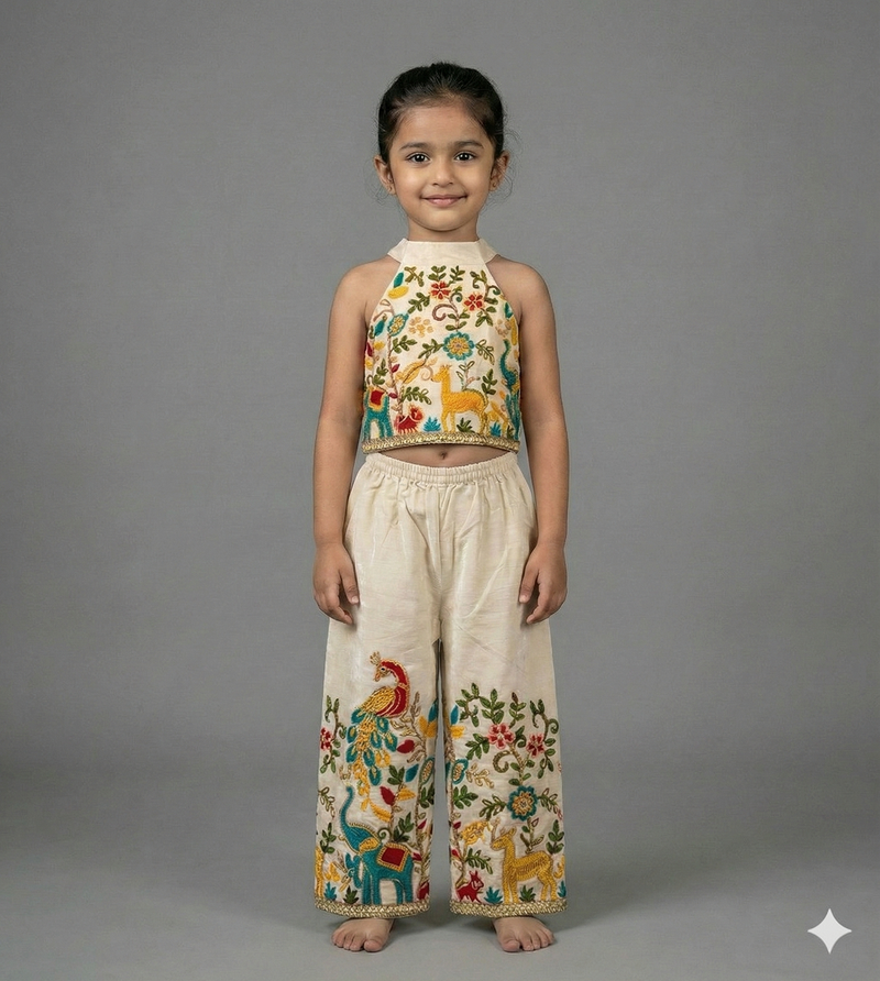 Off white embroidered halter top palazzo co-ord set for kids