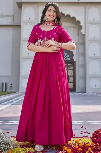 Pink Embroidered Silk Gown With Dupatta