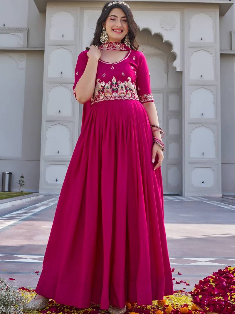 Pink Embroidered Silk Gown With Dupatta