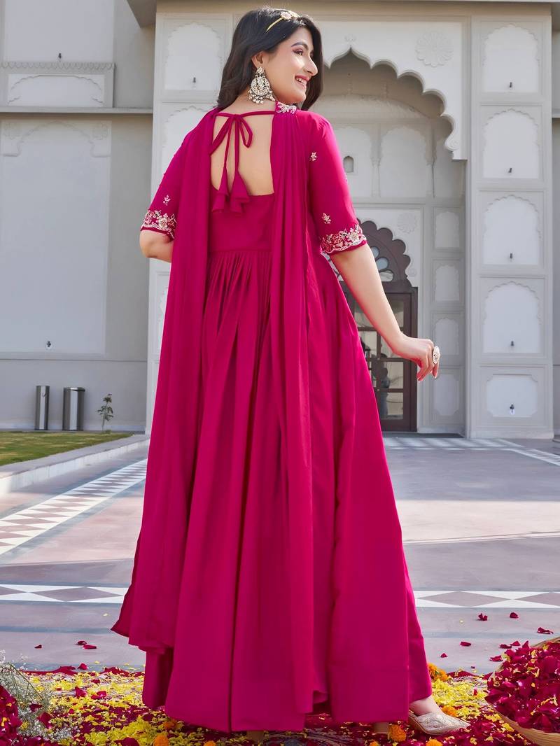 Pink Embroidered Silk Gown With Dupatta