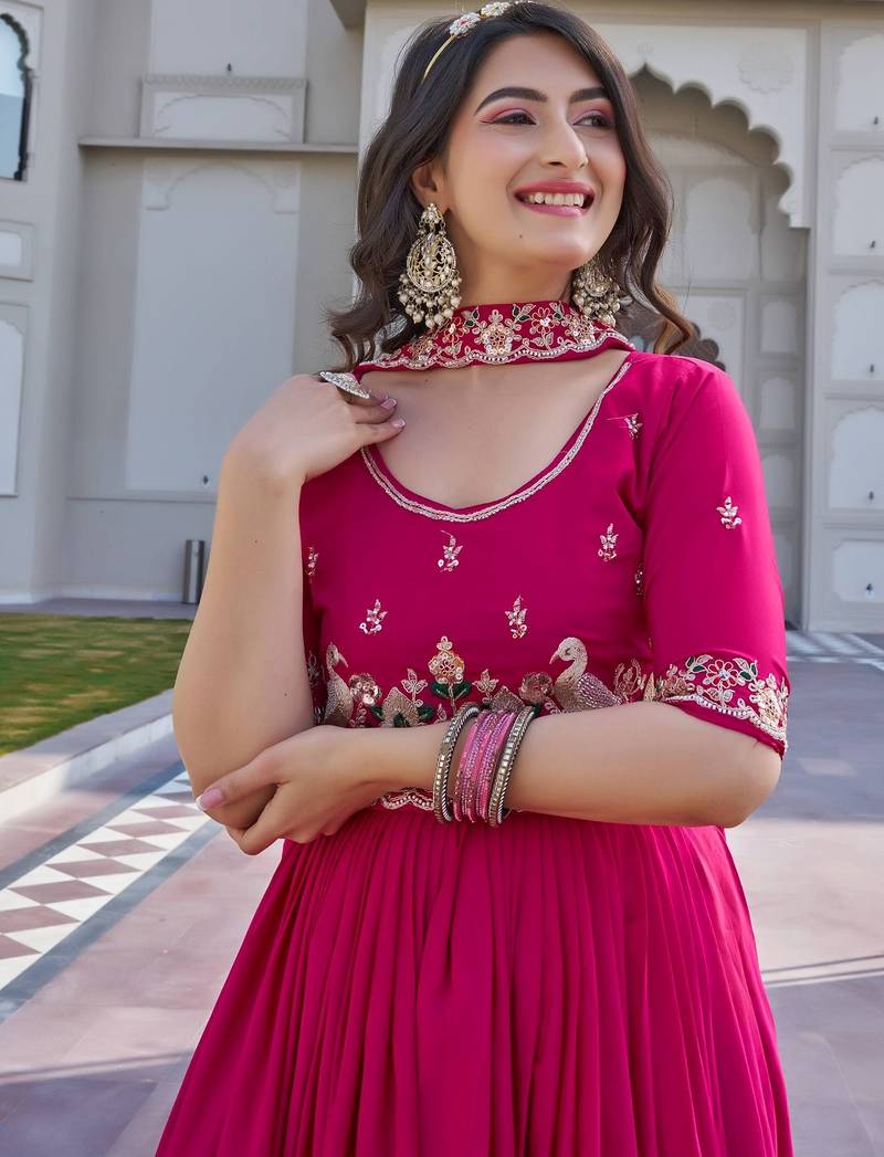 Pink Embroidered Silk Gown With Dupatta