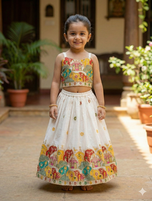 Offwhite embroidered work lehenga choli set for kids 1