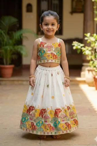 Offwhite embroidered work lehenga choli set for kids