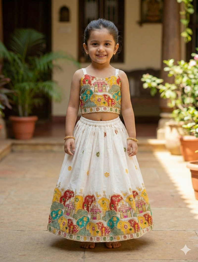 Offwhite embroidered work lehenga choli set for kids