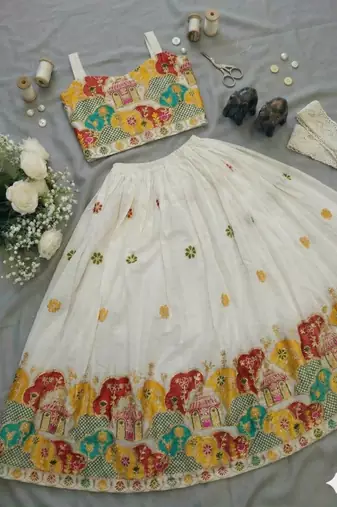 Offwhite embroidered work lehenga choli set for kids