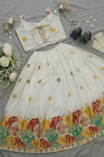 Offwhite embroidered work lehenga choli set for kids