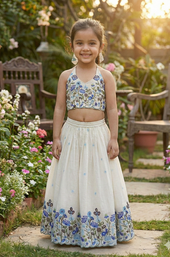 Offwhite flower embroidered work lehenga choli set for kids