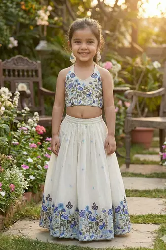 Offwhite flower embroidered work lehenga choli set for kids