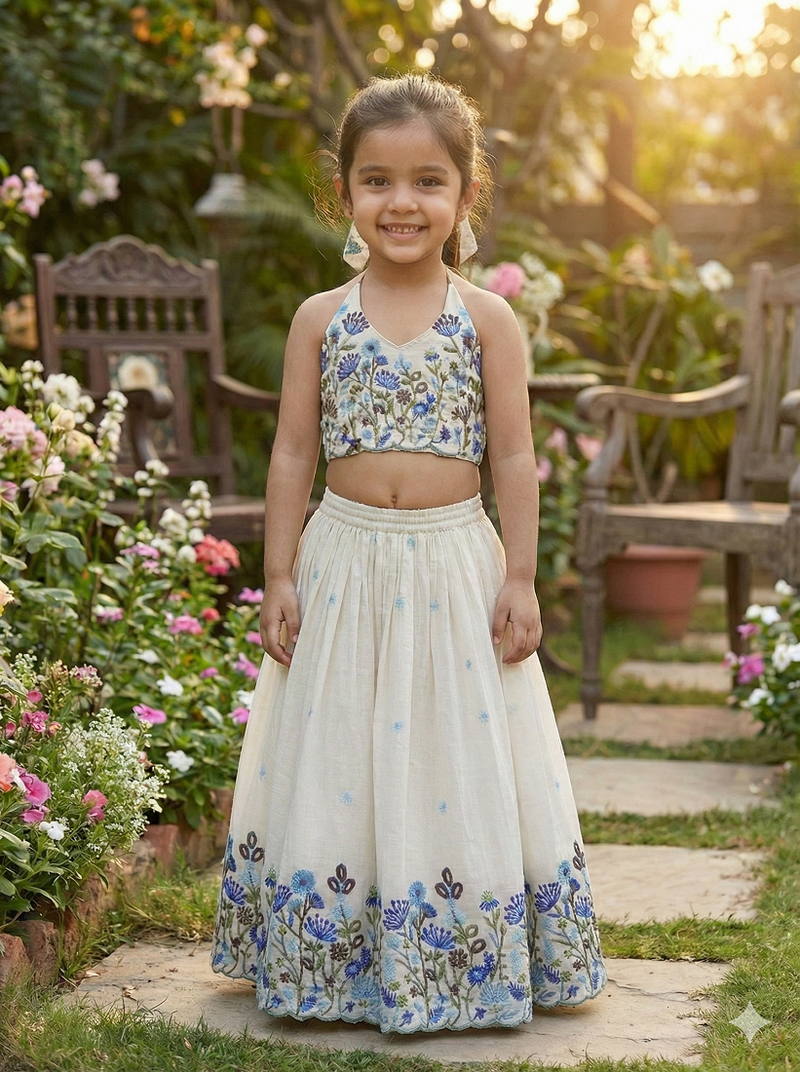 Offwhite flower embroidered work lehenga choli set for kids