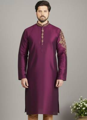 Magenta embroidered dupion silk kurta 1