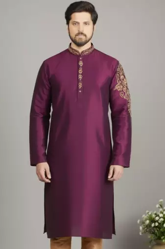 Magenta embroidered dupion silk kurta