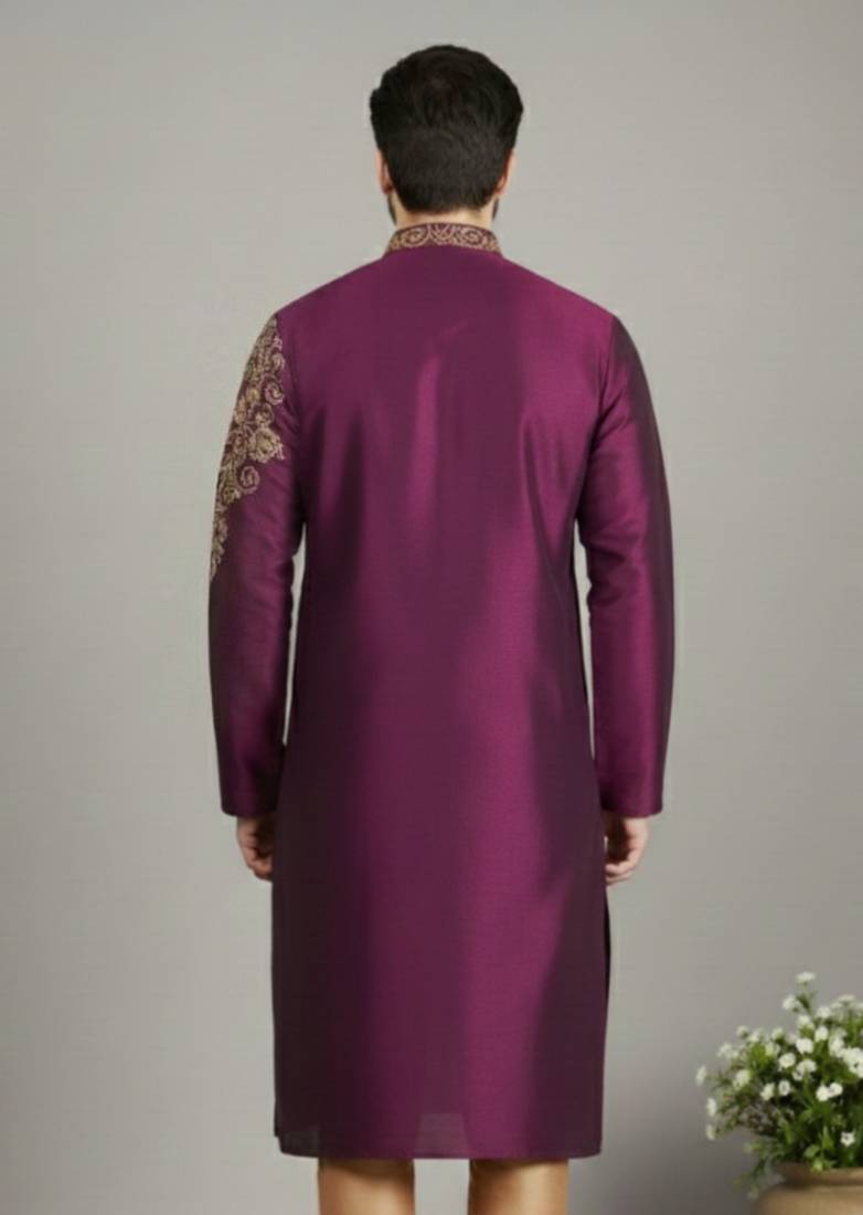 Magenta embroidered dupion silk kurta