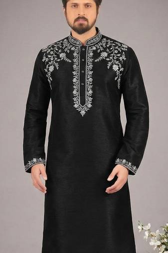 Black embroidered dupion silk kurta